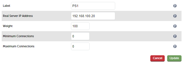 Label, real server IP address, weight, minimum connections, maximum connections, update.