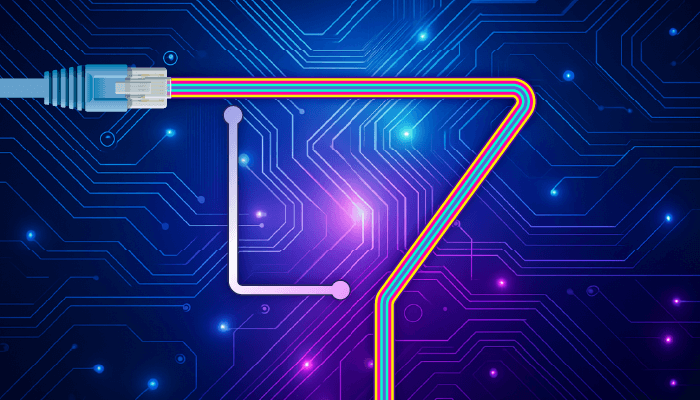 Layer 7 Blog Header Image L7 Letters Concept With Ethernet Cable Switchboard Background