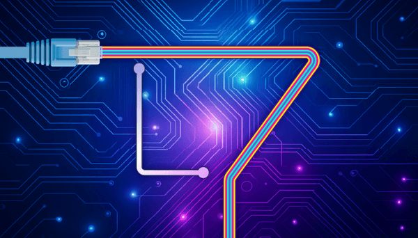 Layer 7 Blog Header Image L7 Letters Concept With Ethernet Cable Switchboard Background