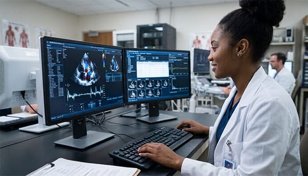 Dynamic Shot Over The Shoulder Of Young African American Lady Using DICOM Echo In A Lab She’s Wearing A Lab Coat And Is Happily Working But Focused On The Task She Has A Dual Monitor